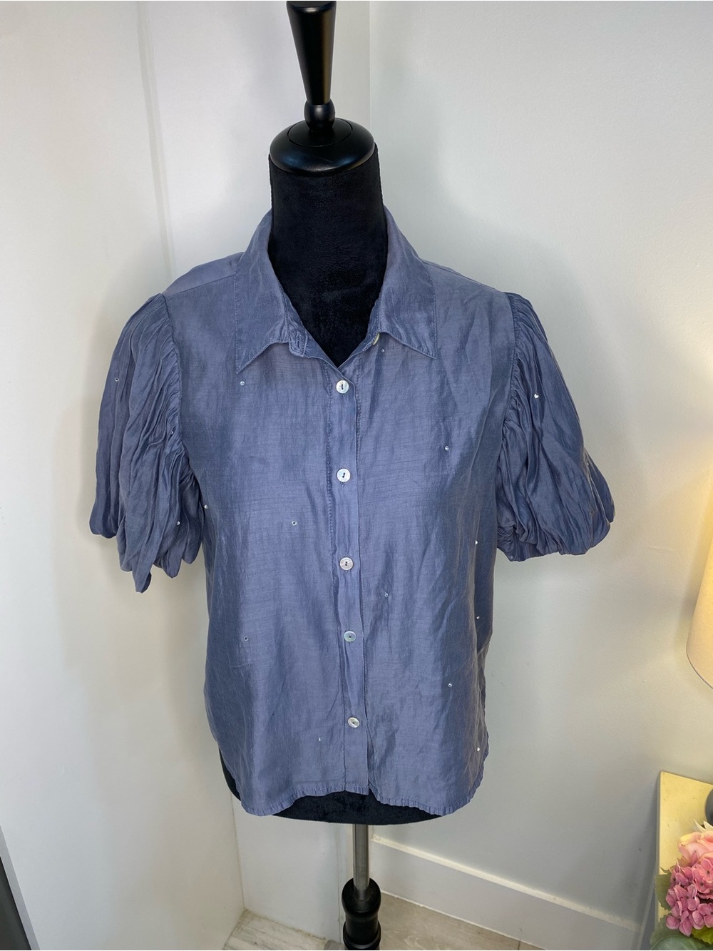 Bailey 44 Dusty Blue Puff-Sleeve Button-Up Blouse